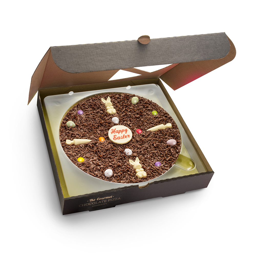 Ten Inch Easter Gourmet Chocolate Pizza, presented in a pizza box